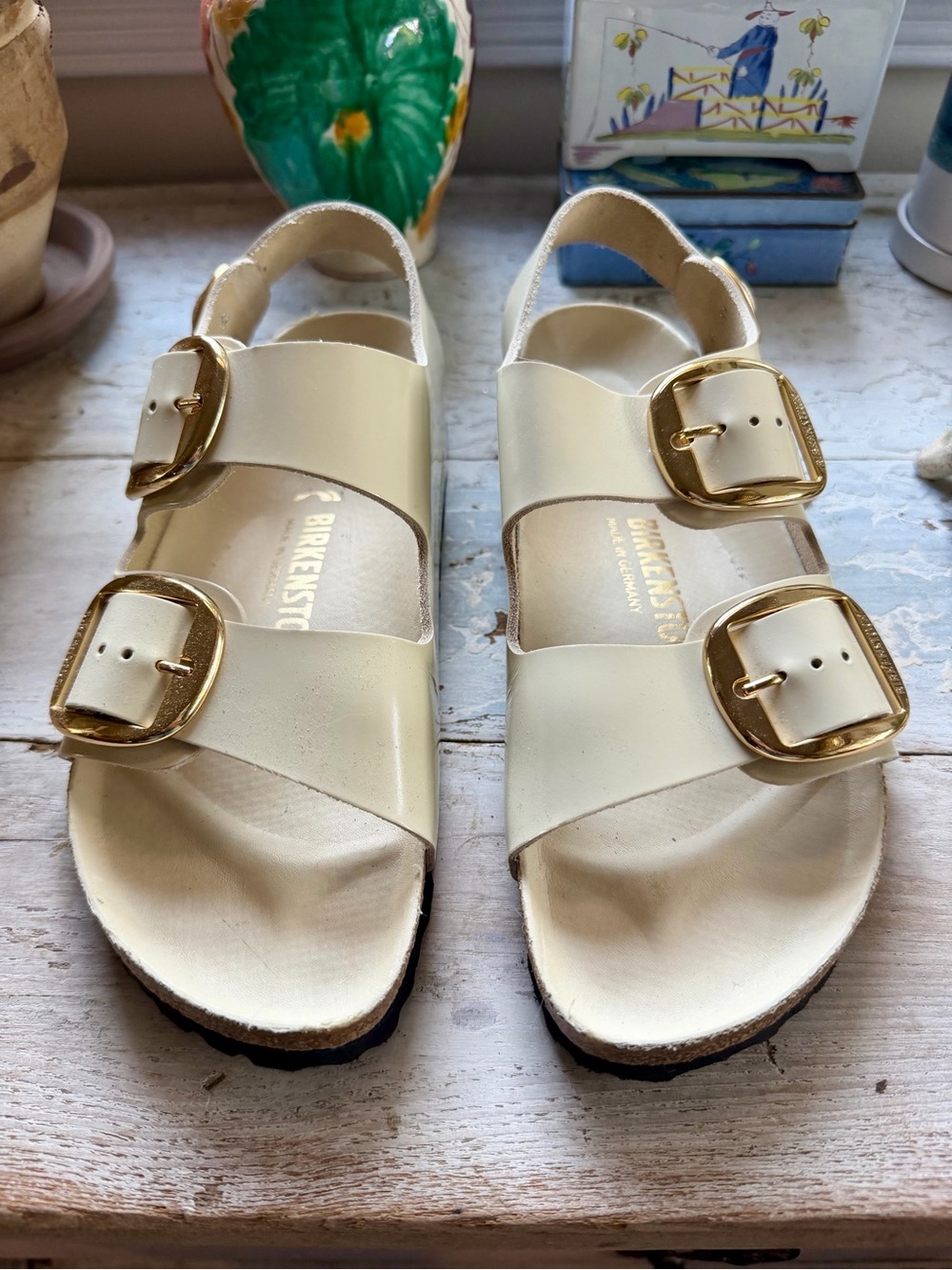Birkenstock Milano Big Buckle Cream Patent Leather Sandals EU 37 Narrow NWOT